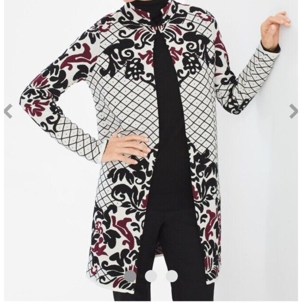 Chico’s Cardigan Jacket Sz 3 XL Black Ivory Stretch Polyester Contrast Scroll - Picture 2 of 15